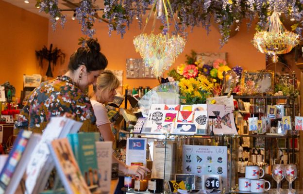 shoppers in lucindas gift shop in old town square downtown wichita, kansas