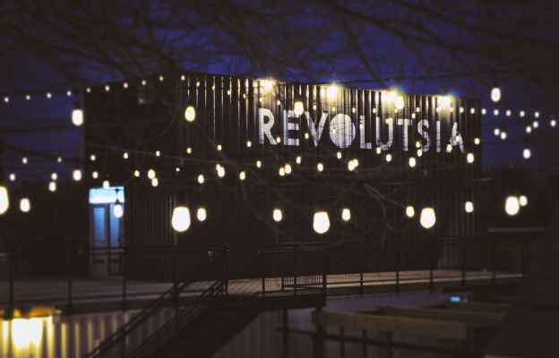 night view of revolutsia, outdoor shipping container mall in wichita kansas